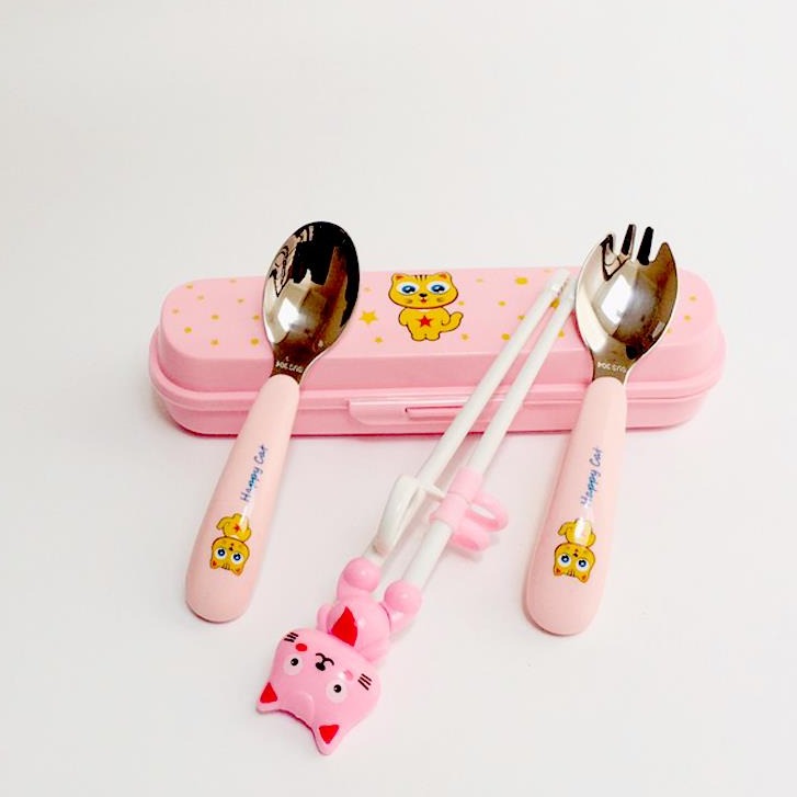 Bộ đũa thìa dĩa ăn dặm inox happy cat cho bé