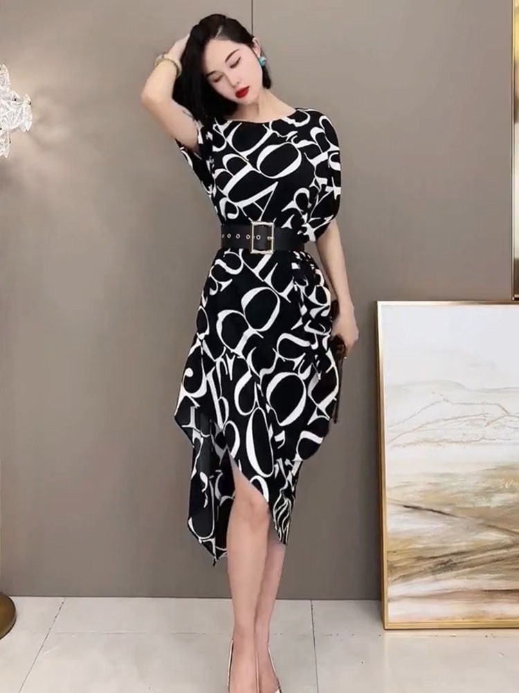 ĐẦM LỤA HỌA TIẾT KÈM BELT CAO CẤP