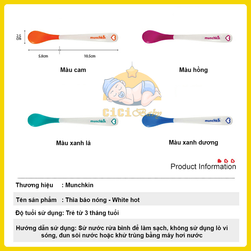 [Tách set] Thìa ăn dặm, thìa báo nóng MUNCHKIN Mỹ