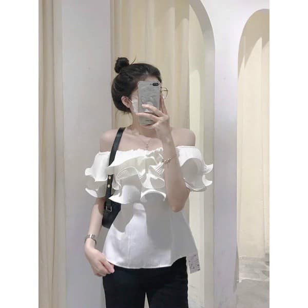 [HÀNG ĐẸP] Set Áo Bẹt Vai Bèo Ngực Trắng Đen