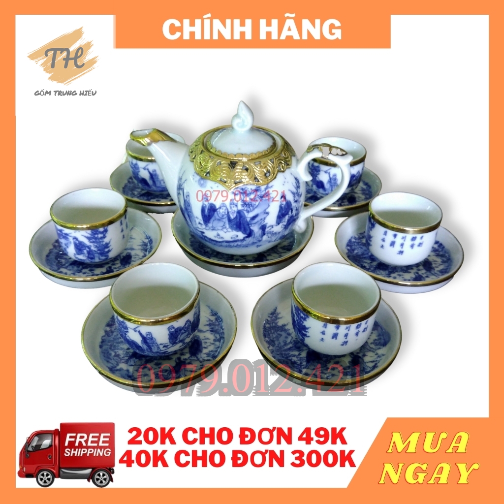 [Sale Sốc] Bộ ấm chén bọc đồng men lam Bát Tràng