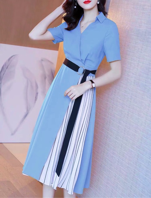 [HCM]Đầm xanh phối sọc v3 (kèm hình thật)