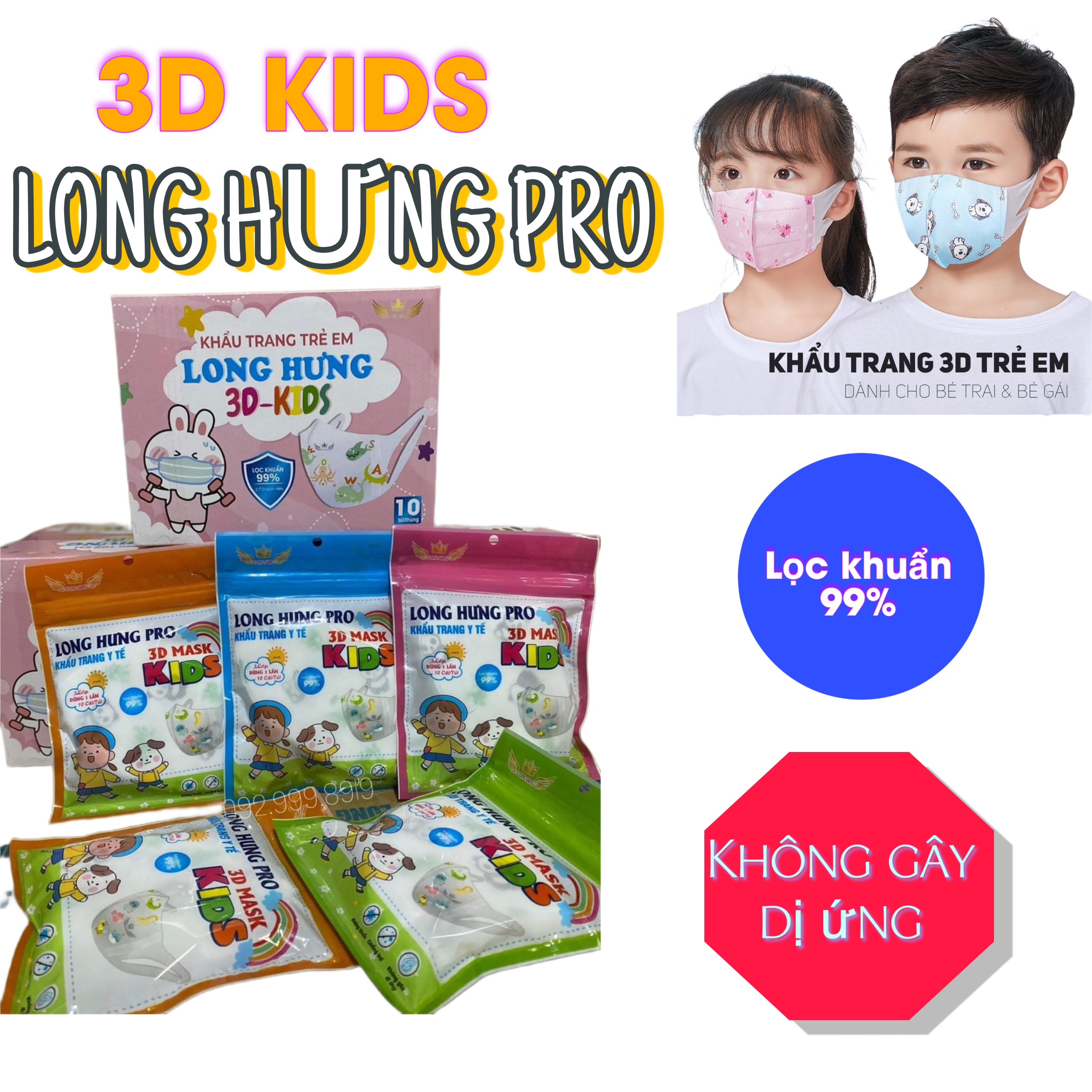 Thùng 100 cái Khẩu Trang 3D Mask long hưng em bé 3 tới 9 tuổi