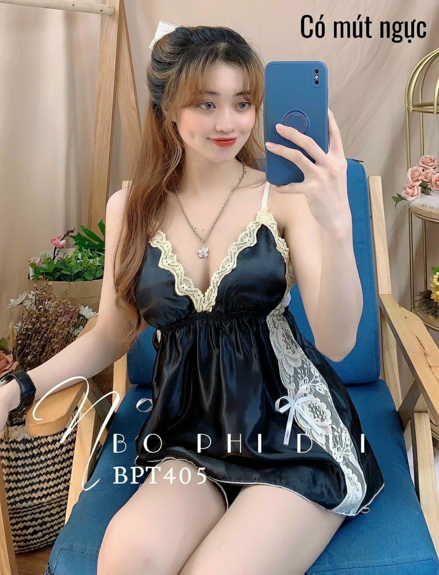 Đồ Ngủ Sexy Nữ-Đồ Ngủ 2 dây chất phi lụa có mút ngực (ảnh +video thật)
