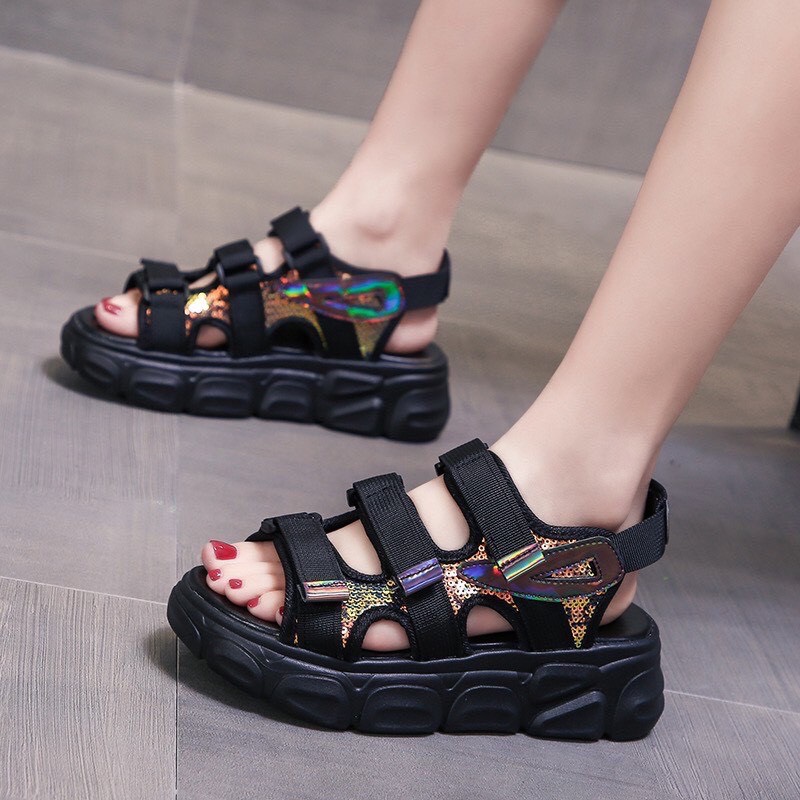 dép sandal đen nữ quai kim xa lấp lánh