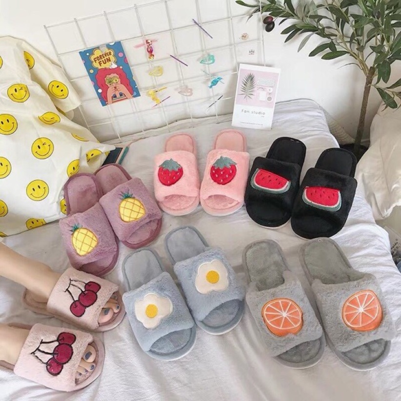 DÉP BÔNG ĐI TRONG HÌNH HOA QUẢ KUTE ( SIEU HOT) , dép lông trái cây mang trong nhà siêu cute , dép hoa quả giá rẻ