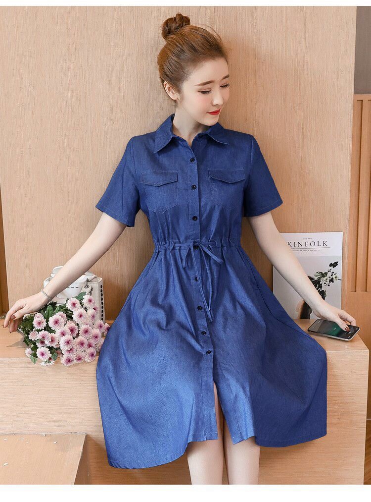 mẫu mới đầm jean sơ mi hàn quốc eo rút dây