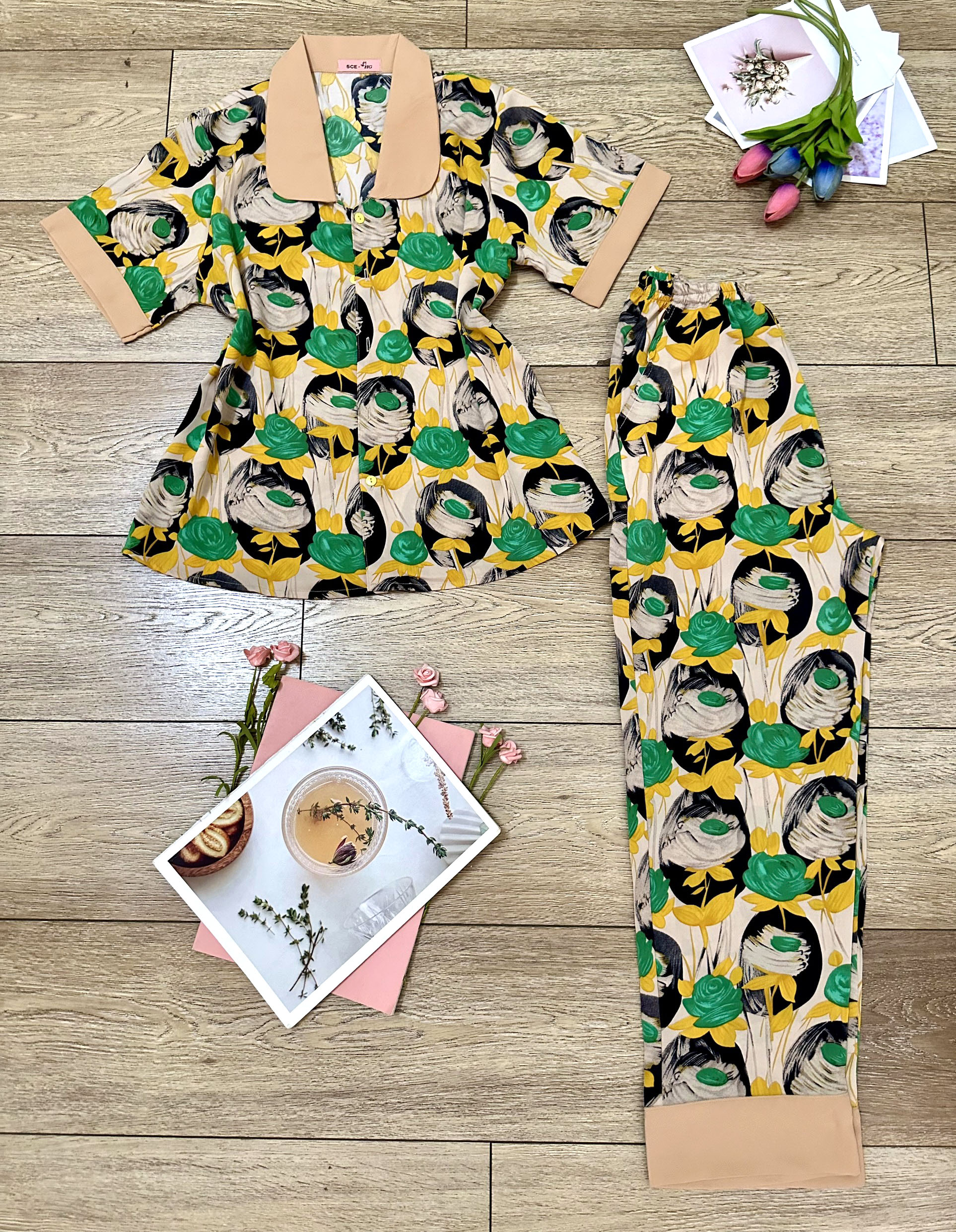 Đồ bộ mặc nhà cổ phối tay ngắn quần dài, pizama nữ lụa mango Nhà Suri