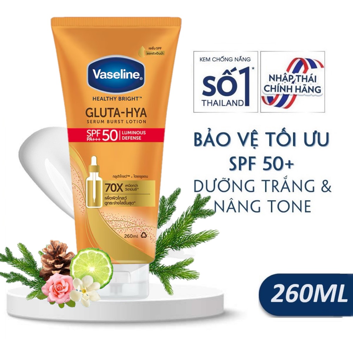 Vaseline 70x gluta-hya serum burst sunscreen spf50+pa+++ luminous defense
