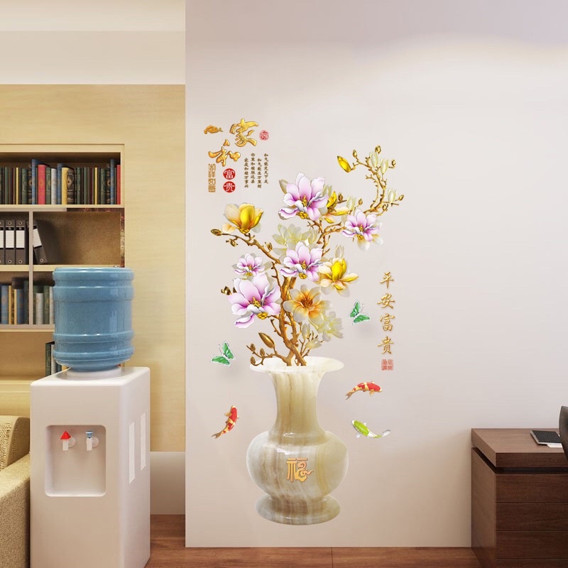 Decal dán tường trang trí phòng khách bình hoa ngọc
