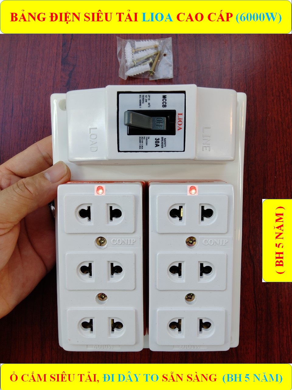 Bảng điện nổi, Táp lô điện CONIP CHỊU TẢI CAO 6000W (BH 5 NĂM) + 2 Ổ cắm SỨ SIÊU TẢI 6000W lò xo chống giãn + Đã đi dây TO sẵn sàng + Bộ ốc vít lắp đặt (bộ 1 sp )