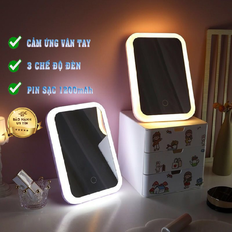 Gương trang điểm đèn LED cảm ứng với 3 chế độ màu, Gương để bàn mini cao cấp