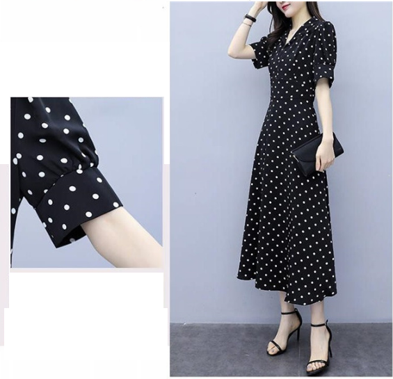 [Sale TẾT 3 Ngày] Đầm nữ maxi họa tiết đen chấm bi, tay lỡ