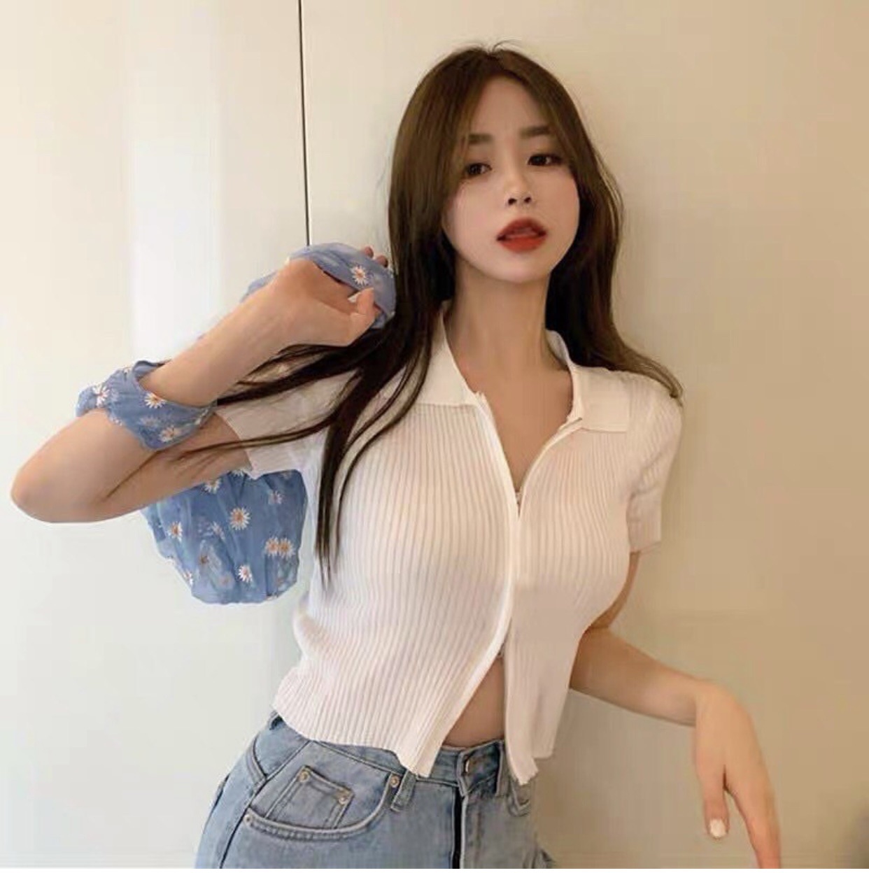 Áo Croptop Gân Dây Kéo