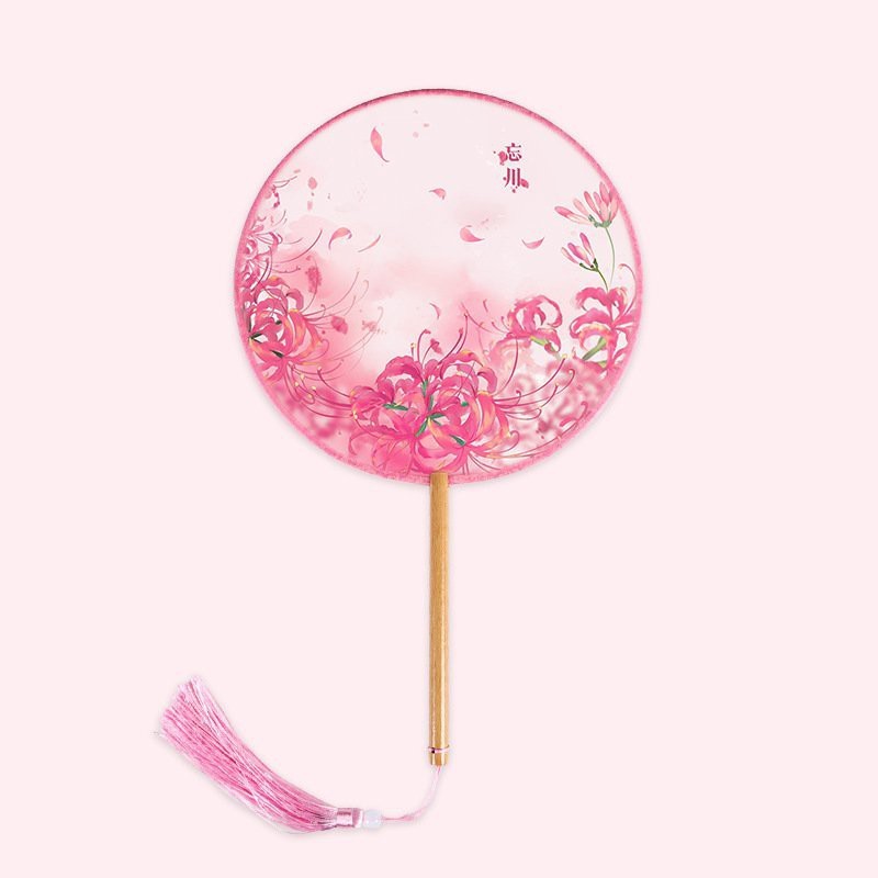 Quạt tròn cổ trang mẫu cầm tay cán dài M65 in hình VƯỜN HOA BỈ NGẠN phong cảnh ngày xuân thiếu nữ gắn dây tuyến