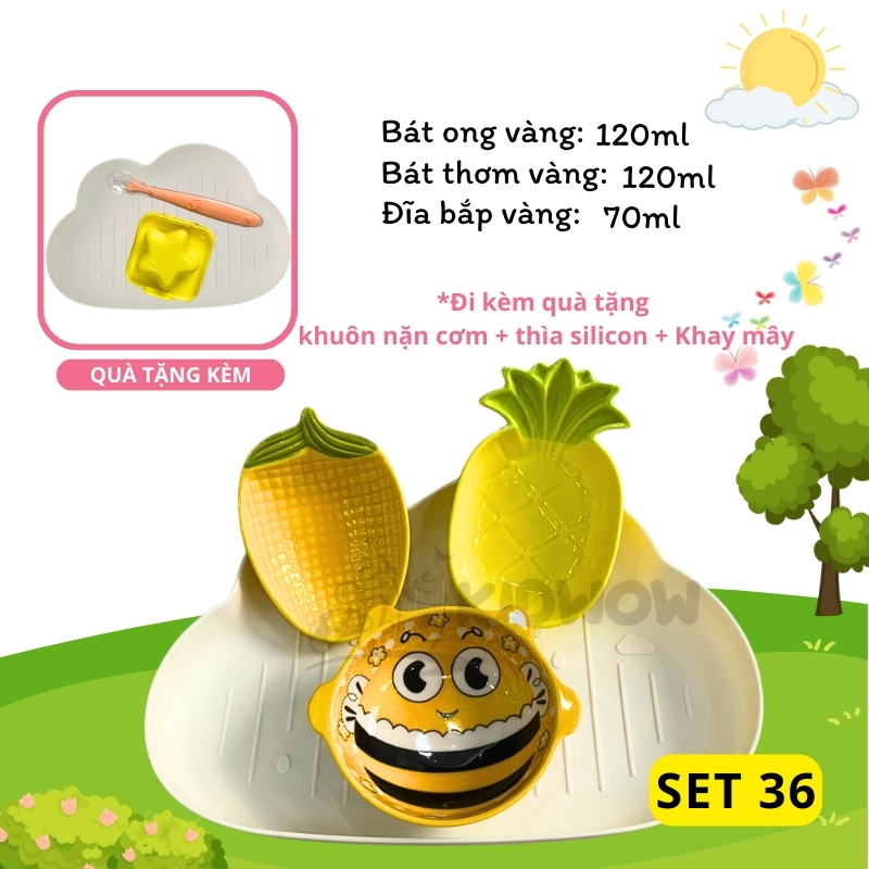 [TẶNG THÌA SILICON+ KHUÔN CƠM+ KHAY MÂY] Bộ Bát Sứ Ăn Dặm Cho Bé Siêu Đáng Yêu