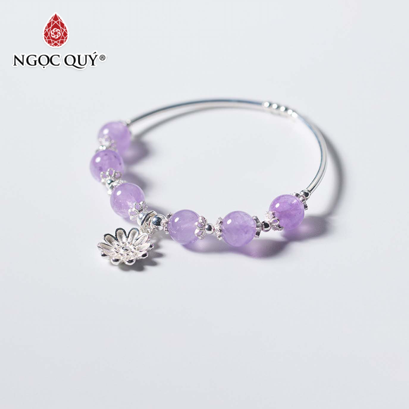 Vòng tay đá thạch anh tím ngọc charm hoa 10 cánh mệnh hỏathổ - Ngọc Quý Gemstones