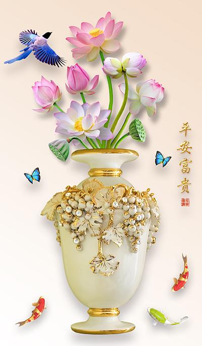 Tranh dán tường VTC Bình hoa sen bình an phú quý UD1202 kim sa