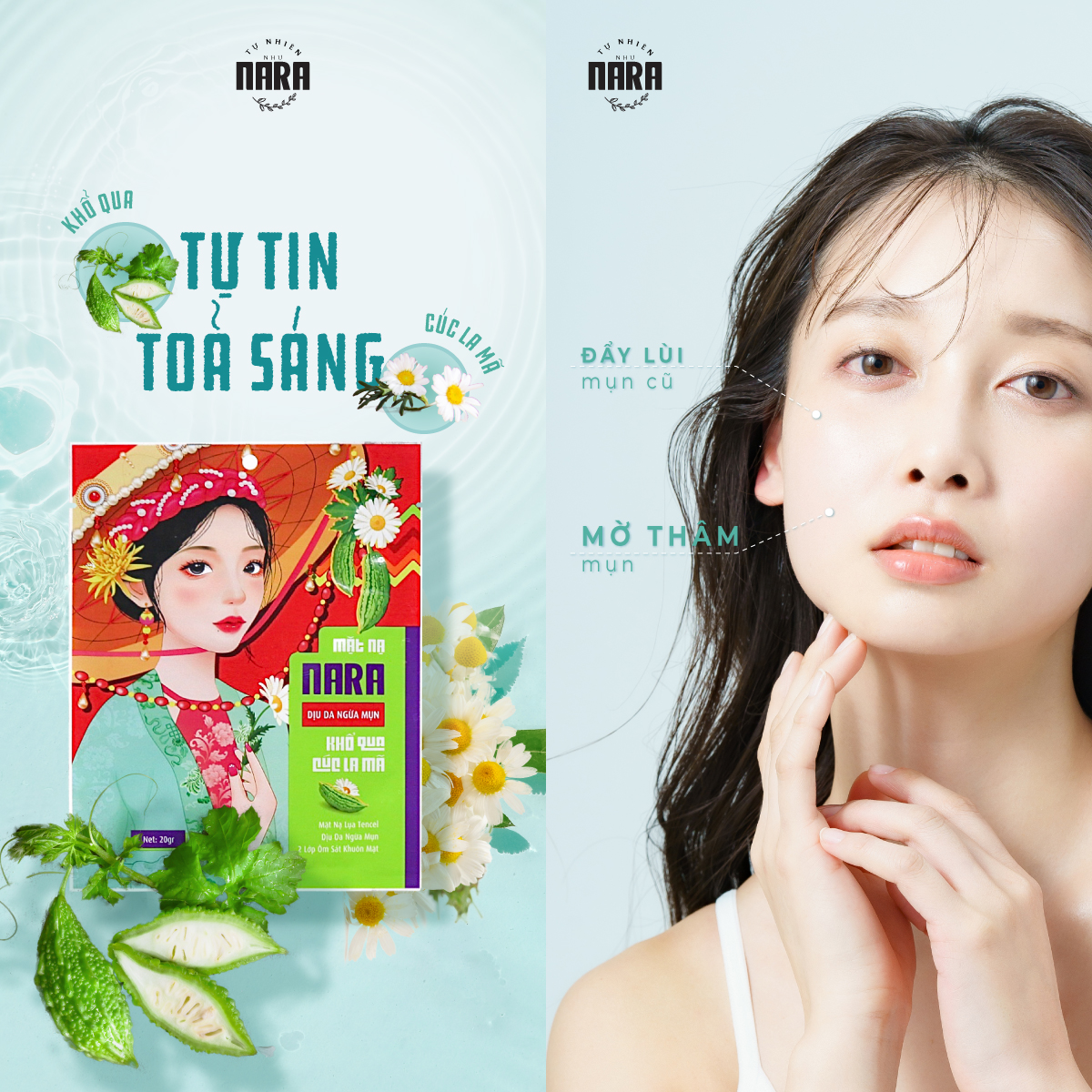 COMBO 3Mặt Nạ Lụa Giảm Mụn Mờ Thâm Dịu Da NARA Khổ qua Cúc La Mã