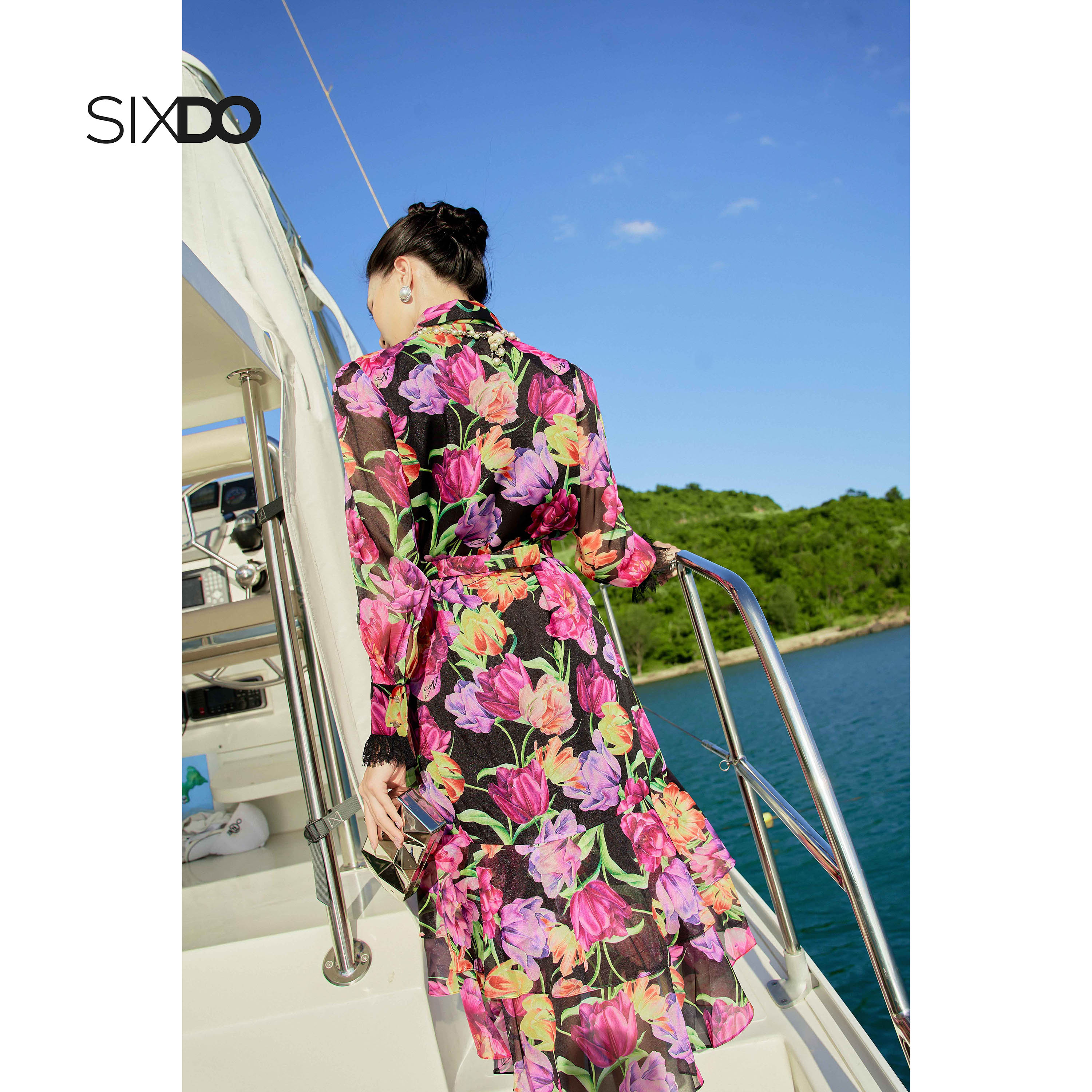 Đầm sơ mi voan hoa tay dài SIXDO (Black Tulip Shirtwaist Midi Voile Dress)