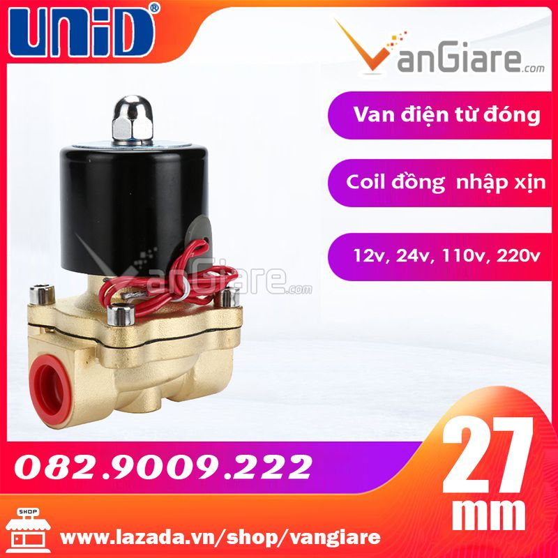 [Đúng hiệu, coil đồng bền] Van điện từ đồng phi 27 UW20 Uni-D – thường đóng, điện 12V/24V/110V/220V, UW tròn