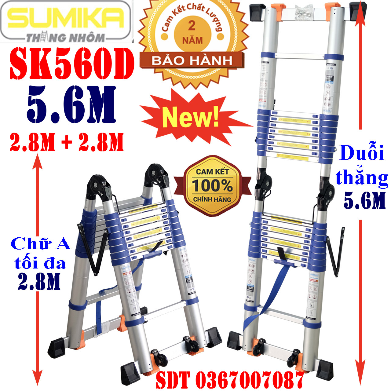 Thang nhôm rút đôi sumika sk560d new - chất liệu nhôm cao cấp số bậc 2x9 bậc tải trọng 300kg bảo hành toàn quốc 02 năm