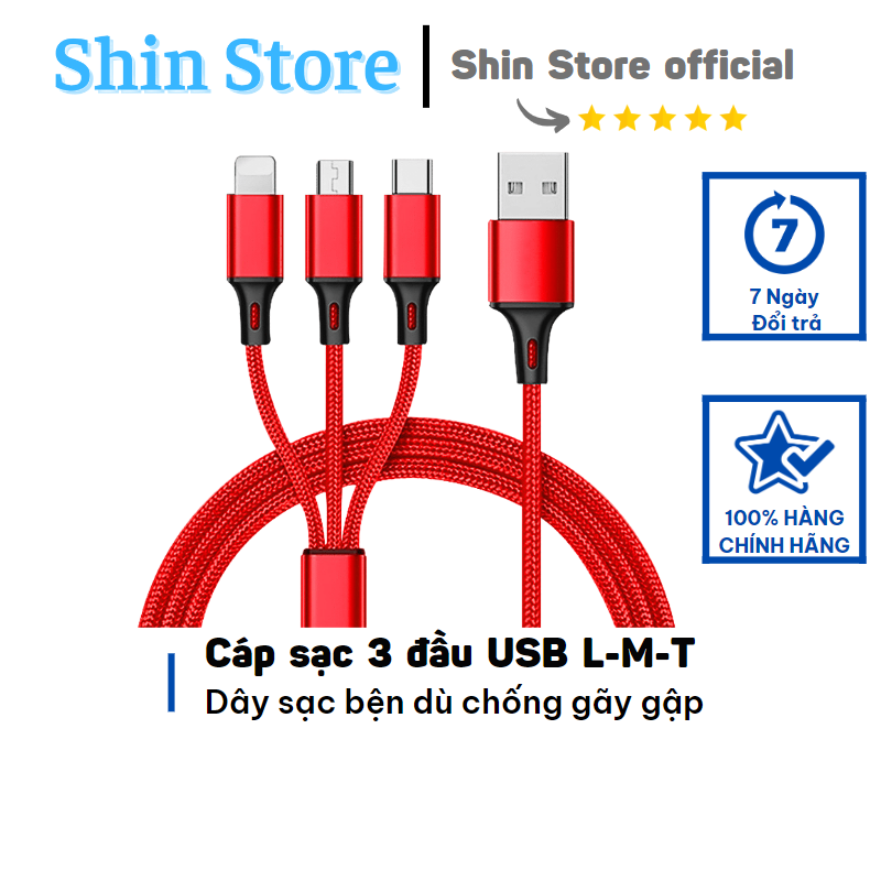 Cáp sạc 3 đầu dây dù 1m lightning type-c micro dây dù cho Iphone/Xiaomi/Samsung/Huawei/Oppo cao cấp