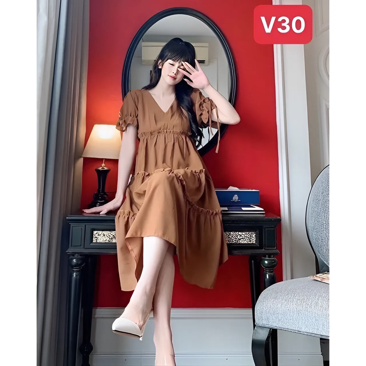 (Đủ size từ 45-100kg)Váy bầu bigsize màu nâu cổ V