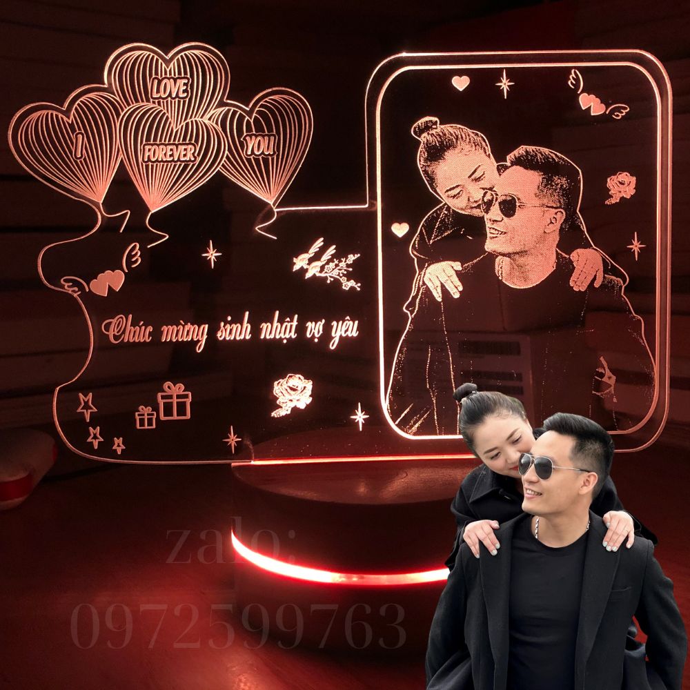 Quà tặng Valentine tặng người yêu ý nghĩa - Đèn led 3d khắc ảnh cặp đôi theo yêu cầu - Đế led 16 màu có điều khiển đổi màu