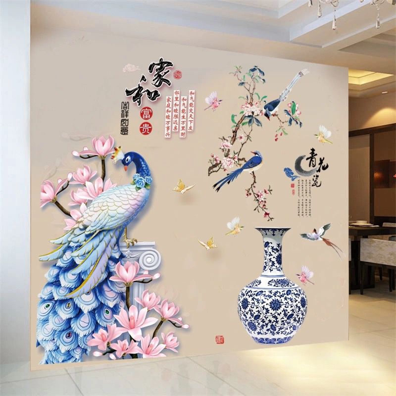 Decal dán tường tết chim công và bình hoa thổ cẩm
