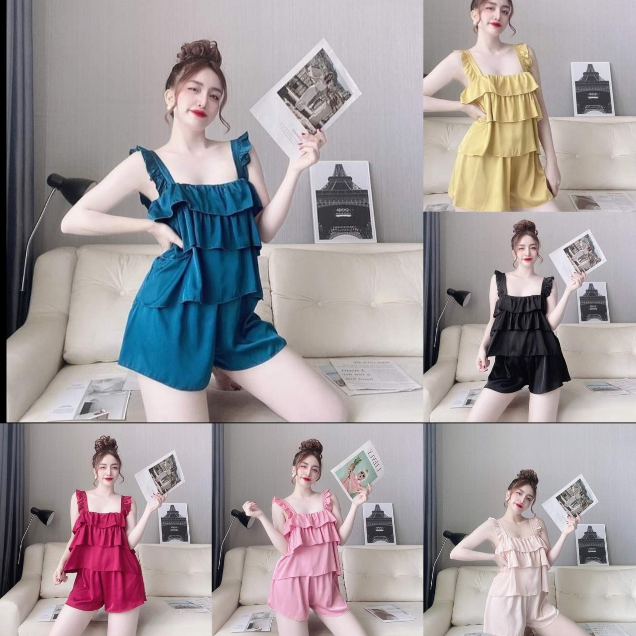 Set đồ bộ đùi kiểu 2 dây bảng nhúng bèo , nhúng bèo 3 tầng vải satin mịn mát sexy , gợi cảm db060540356612