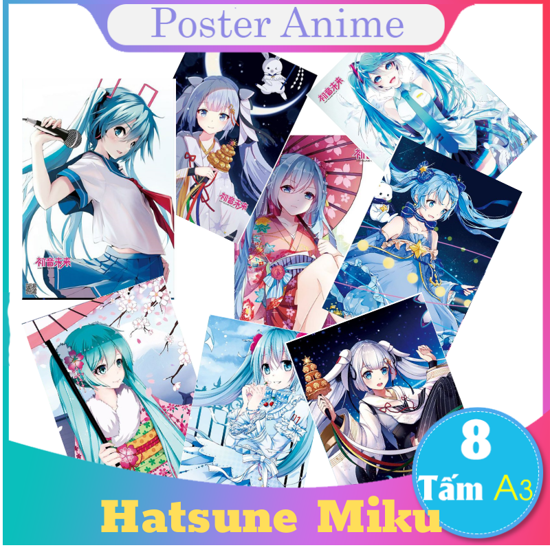 Set 8 tấm tranh poster size lớn A3 Hatsune Miku anime siêu chất