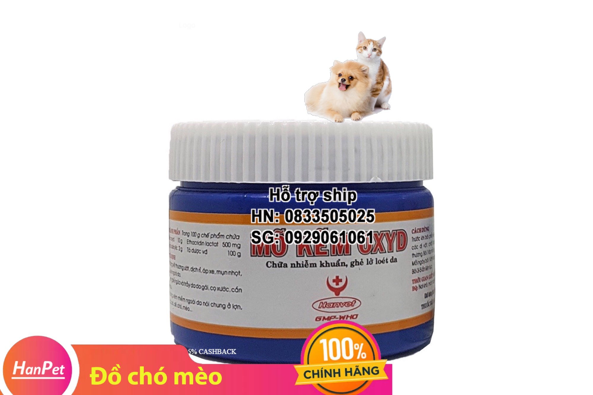 Hanpet - Mỡ kẽm OXYD 100g- Mỡ bôi mau lành vết thương trên. ghẻ ngứa, lở loét trên da cho chó mèo -