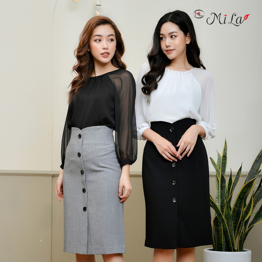 Áo sơ mi kiểu Mila cổ nhún đính hạt