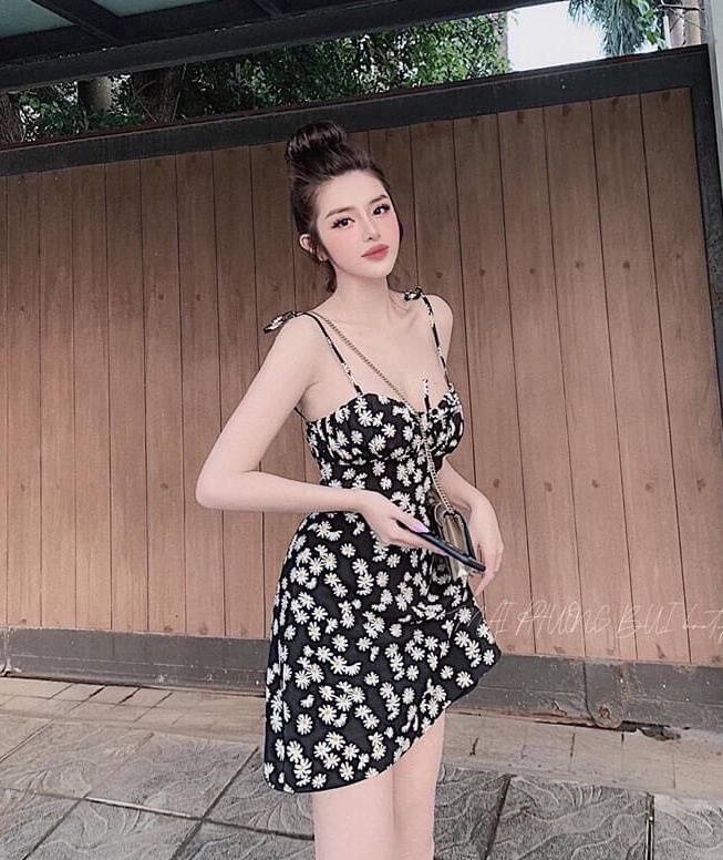 ĐẦM NỮ NGẮN XÒE HAI DÂY HỌA TIẾT CÚC HỌA MI (CÓ MÚT NGỰC) THỜI TRANG THIẾT KẾ LANCHI DH75