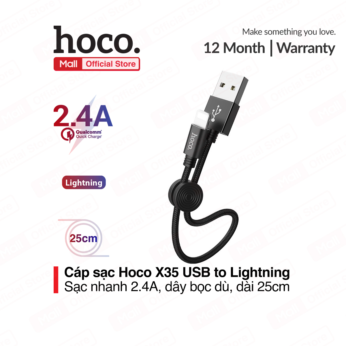 Cáp sạc nhanh và truyền dữ liệu Hoco X35 Lightning 25cm đầu ra 2.4A Max