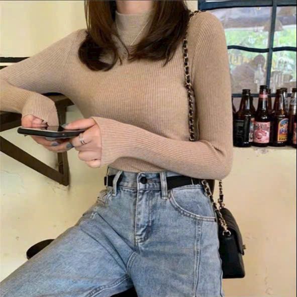 Áo croptop body cổ lọ cách điệu tay dài xinh đep -th