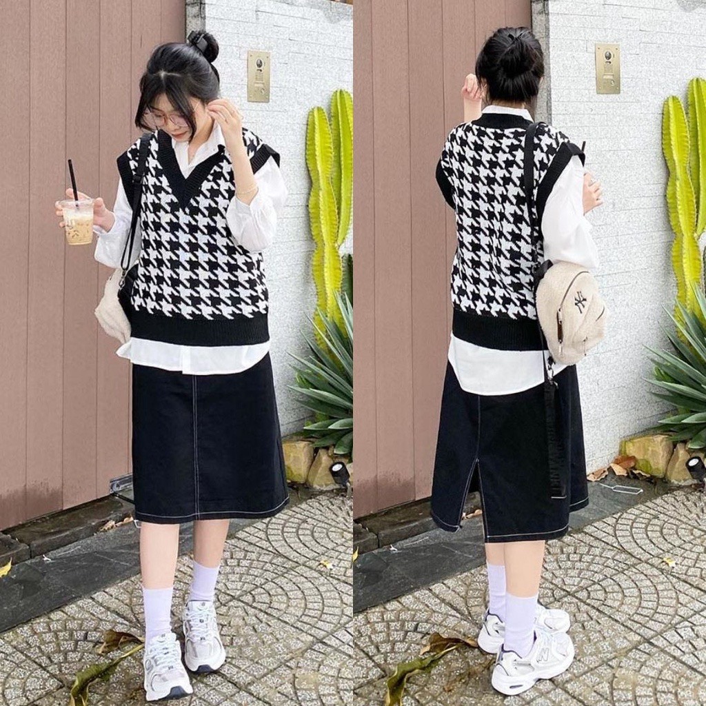 Chân váy midi viền chỉ nổi giả jeans Ulzzang cạp chun xẻ sau - chân váy nữ lưng cao dáng dài phong cách Hàn Quốc Okélla