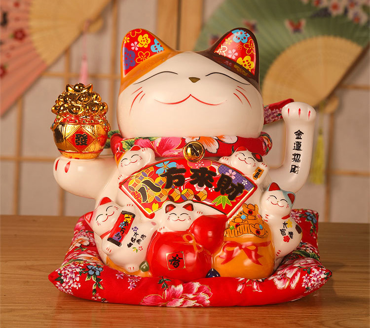 Tượng mèo thần tài gốm men vẫy tay 24cm loại lớn kèm đệm đỏ và dây nguồn