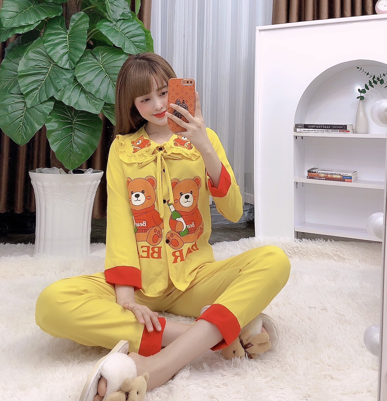 Đồ bộ pijama tiểu thư tay dài vải kate lụa cột nơ mẫu xinh xắn freesize dưới 58kg