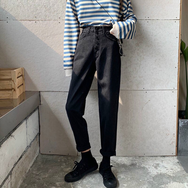 Quần Baggy jean màu đen nhiều khuy dáng ống suông dài