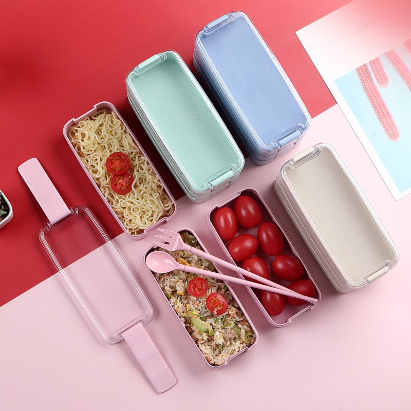 Hộp đựng cơm Lunch box lúa mạch ba tầng kèm đũa thìa cao cấp