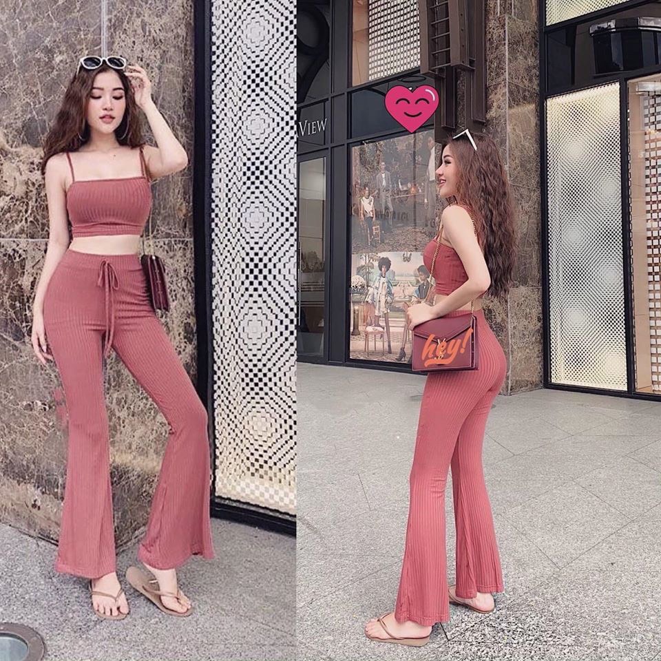 Set Quần Loe Kèm Áo Croptop 2 Dây Chất Thun Gân Co Giãn Thích Hợp Mặc Đi Tiệc Đi Làm Đi Chơi