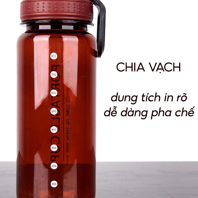 Bình nước thể thao tập gym 1 lít Portable Cup loại cao cấp, chống tràn, gỉ nước - Bình đựng nước có chia vạch và  quai treo