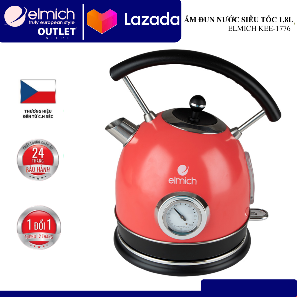 Ấm đun nước siêu tốc Elmich KEE 1776 (Dung tích 1.8L, Mầu Đỏ, Công suất 2.200W)