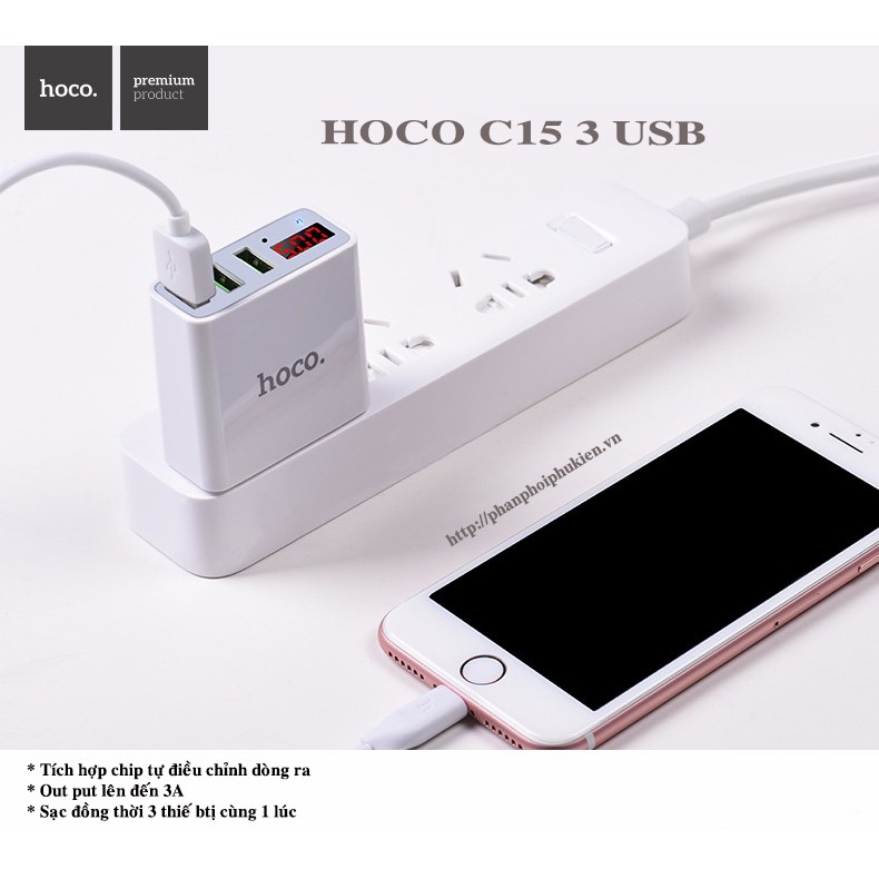 Củ sạc Hoco 3 cổng C15 sạc nhanh 3.0A có đèn Led báo sạc