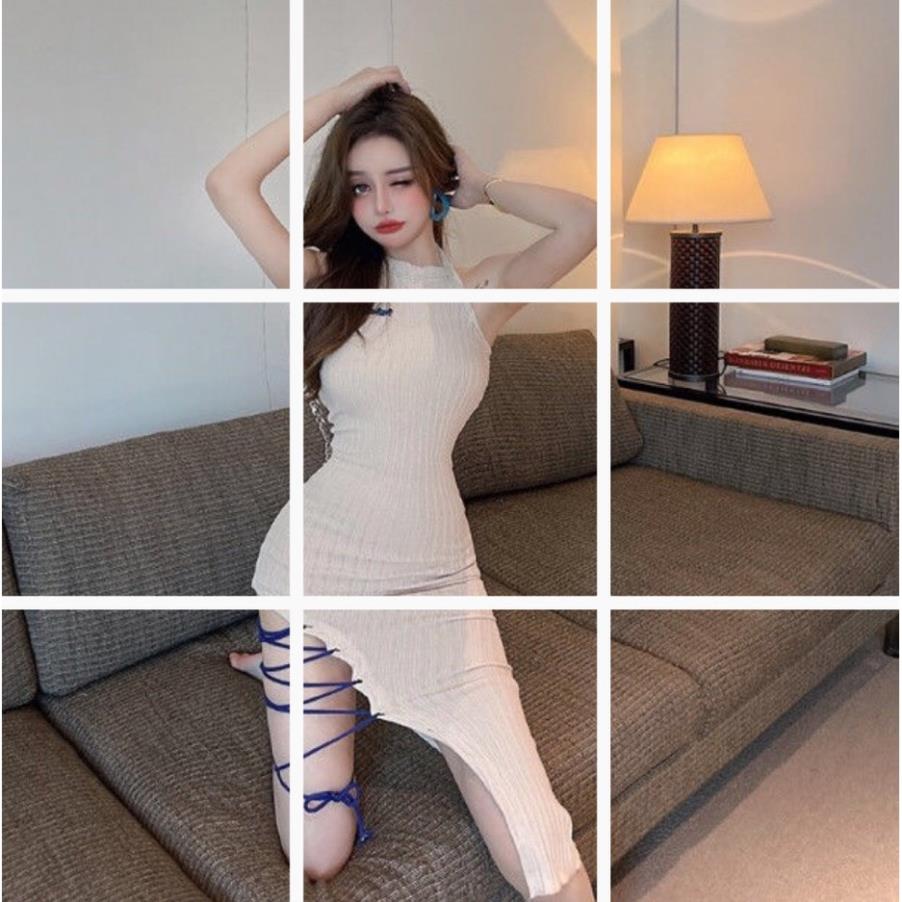 Đầm Body cổ yếm xẻ đùi phối dây cực chất, cực Cool!