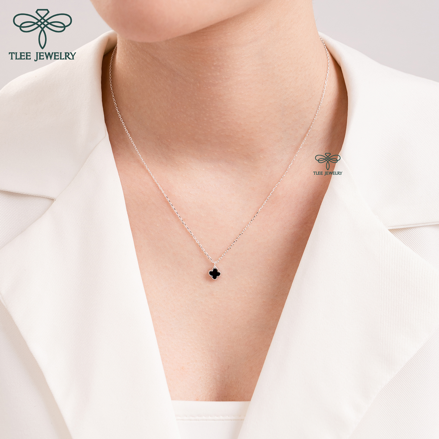 Dây chuyền bạc nữ TLEE mẫu cỏ bốn lá đá đen mini basic bạc 925 cao cấp TleeJewelry D0149