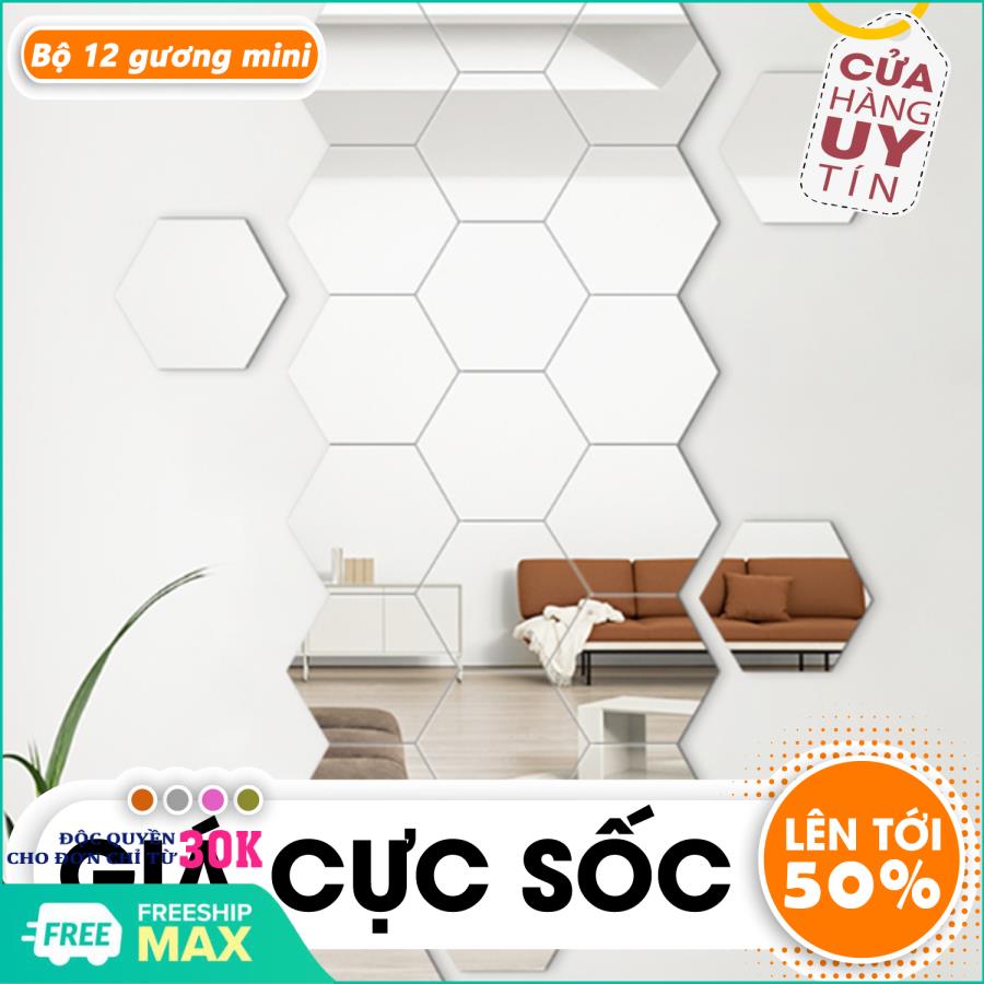 Gương dán tường, bộ 12 gương dán tường, kích cỡ 17cm x 17cm , gương dán tường trang trí phòng, gương trang trí, hình lục giác, gương dẻo trang trí cực rẻ