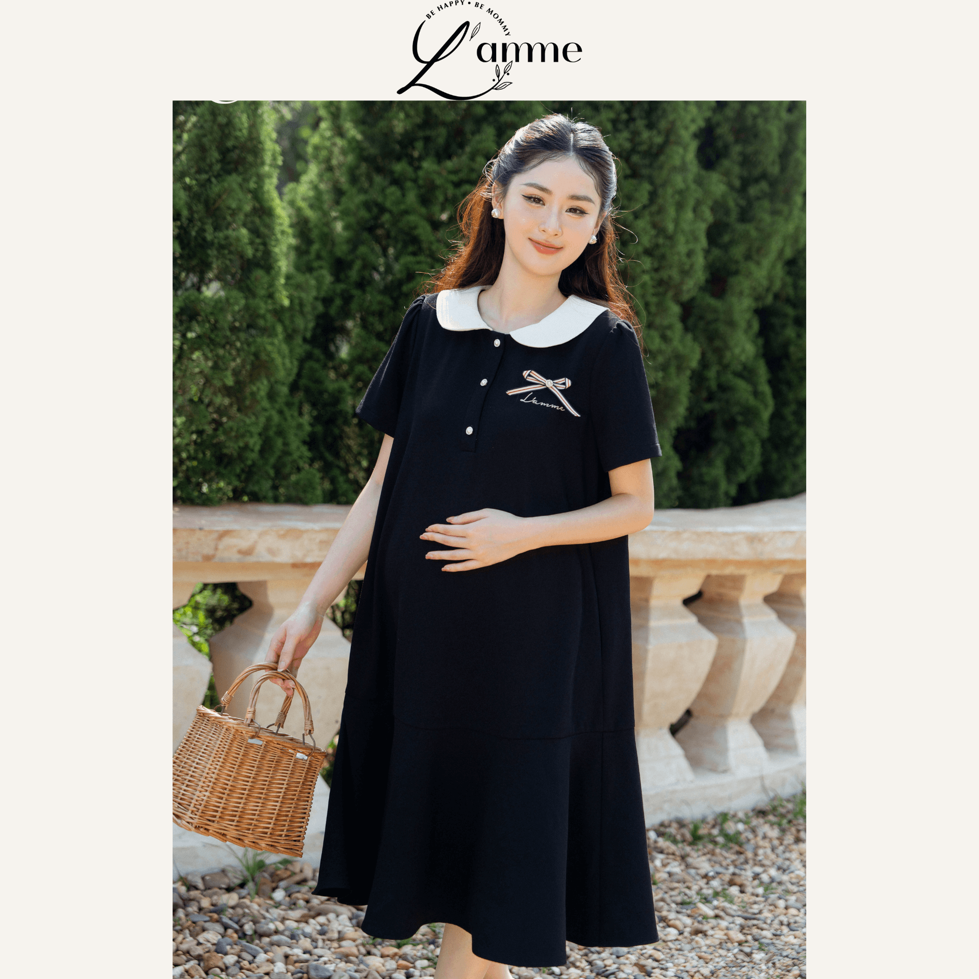 Váy bầu Cata Dress phối cổ sen đính nơ kiểu dáng basic giấu bụng thiết